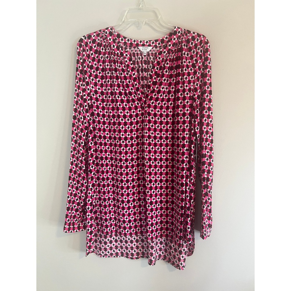 Crown & Ivy Pink Black Geometric Dot Essential Signature Blouse NWT M 726W884